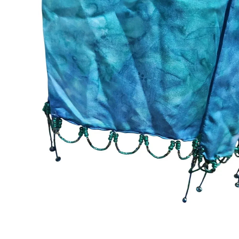 Blue Green Tie Dye Scarf Beaded‎ Fringe Lightweight Wrap Boho Festival